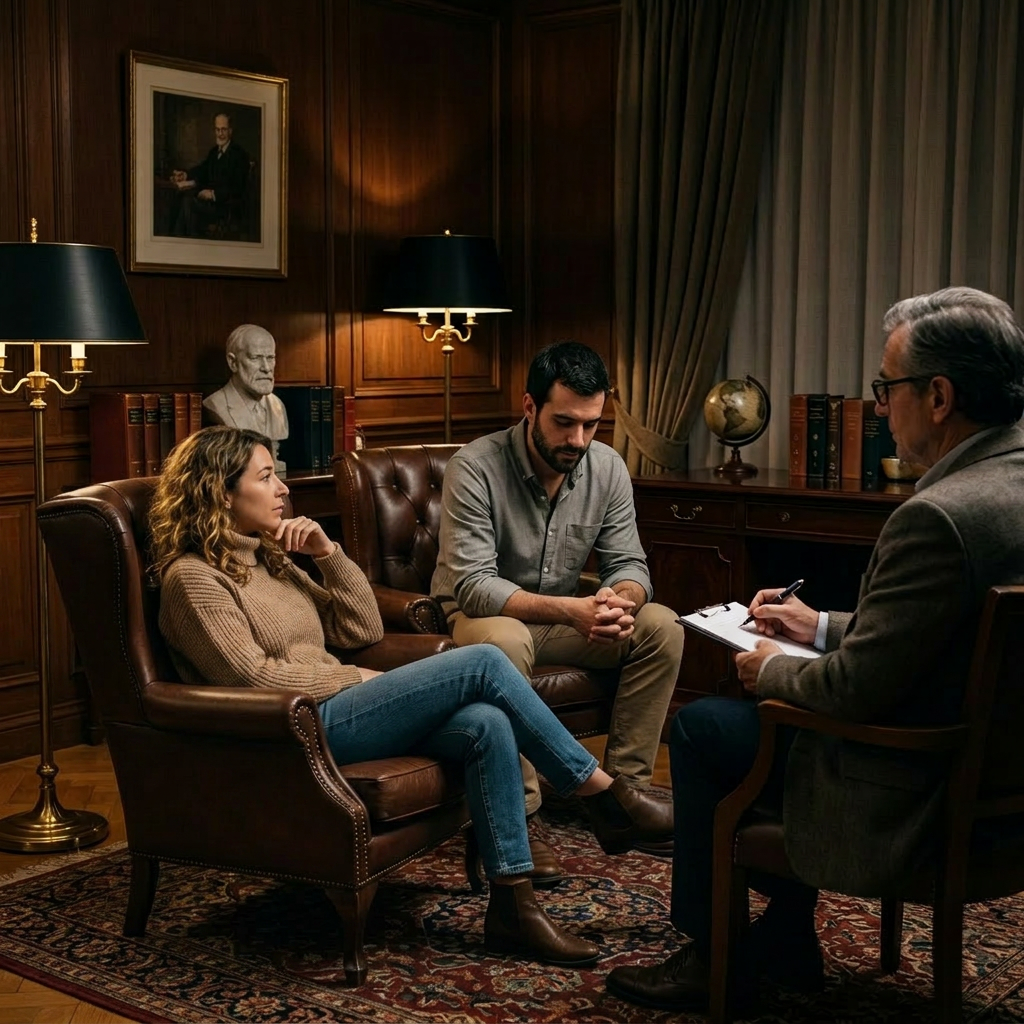 Couple engaged in a therapy session with a psychologist in an office