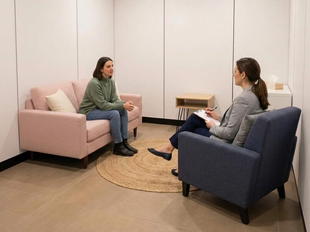 Dos personas conversando en una sala de consulta