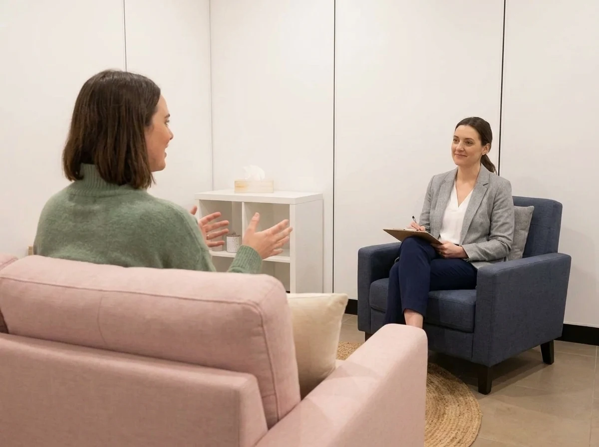 Dos personas conversando en una sala de consulta, una de ellas con un portapapeles