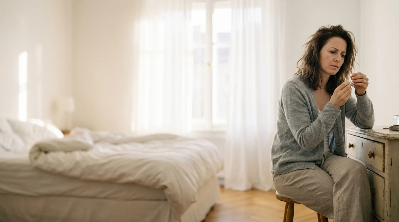 Mujer sentada junto a una cama deshecha, pensativa, en un dormitorio luminoso