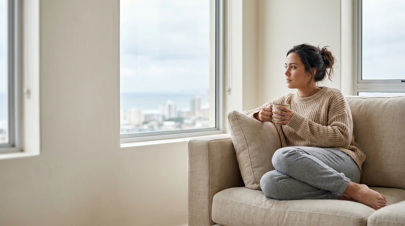 Mujer sentada en un sofá con una taza, mirando por la ventana