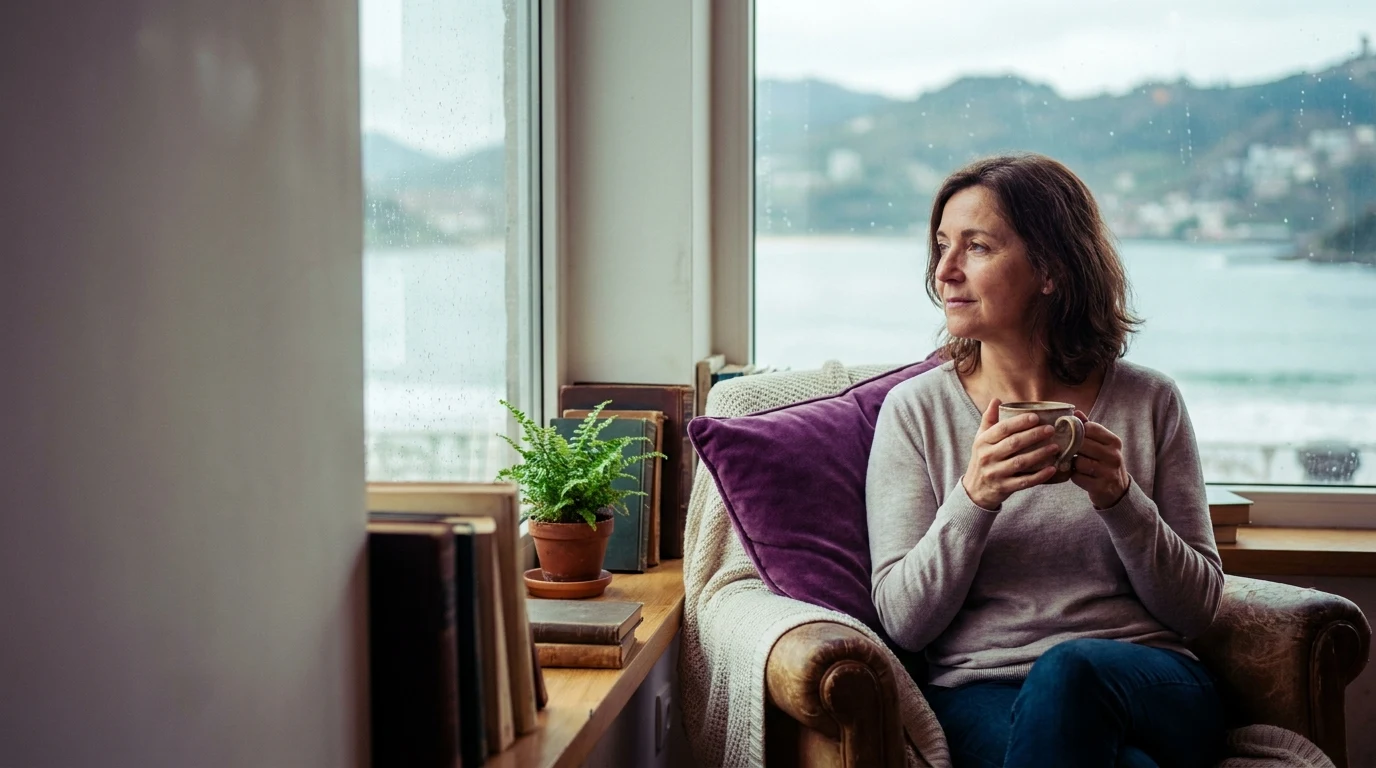 Mujer con una taza junto a un ventanal con vistas a la bahía