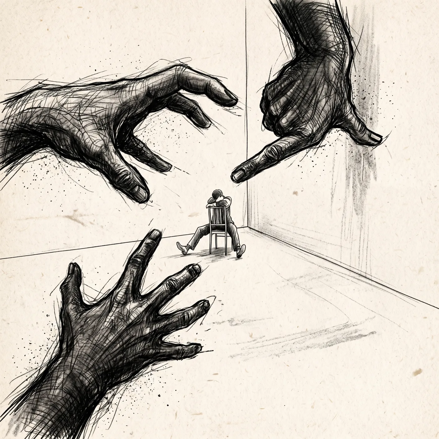 Ilustración: manos grandes que se acercan a una persona sentada sola en una habitación vacía