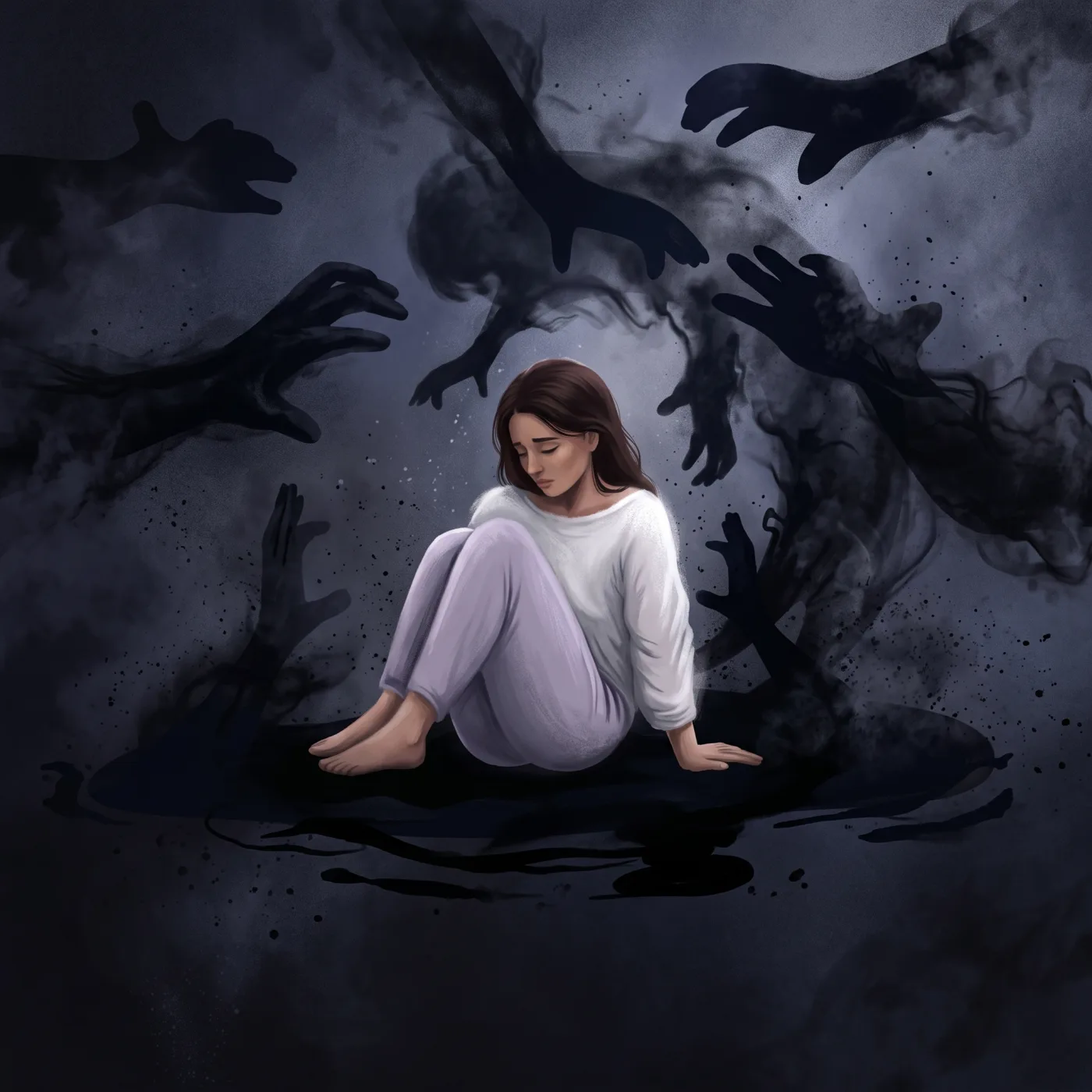 Ilustración: una mujer sentada en el suelo rodeada de sombras con forma de manos