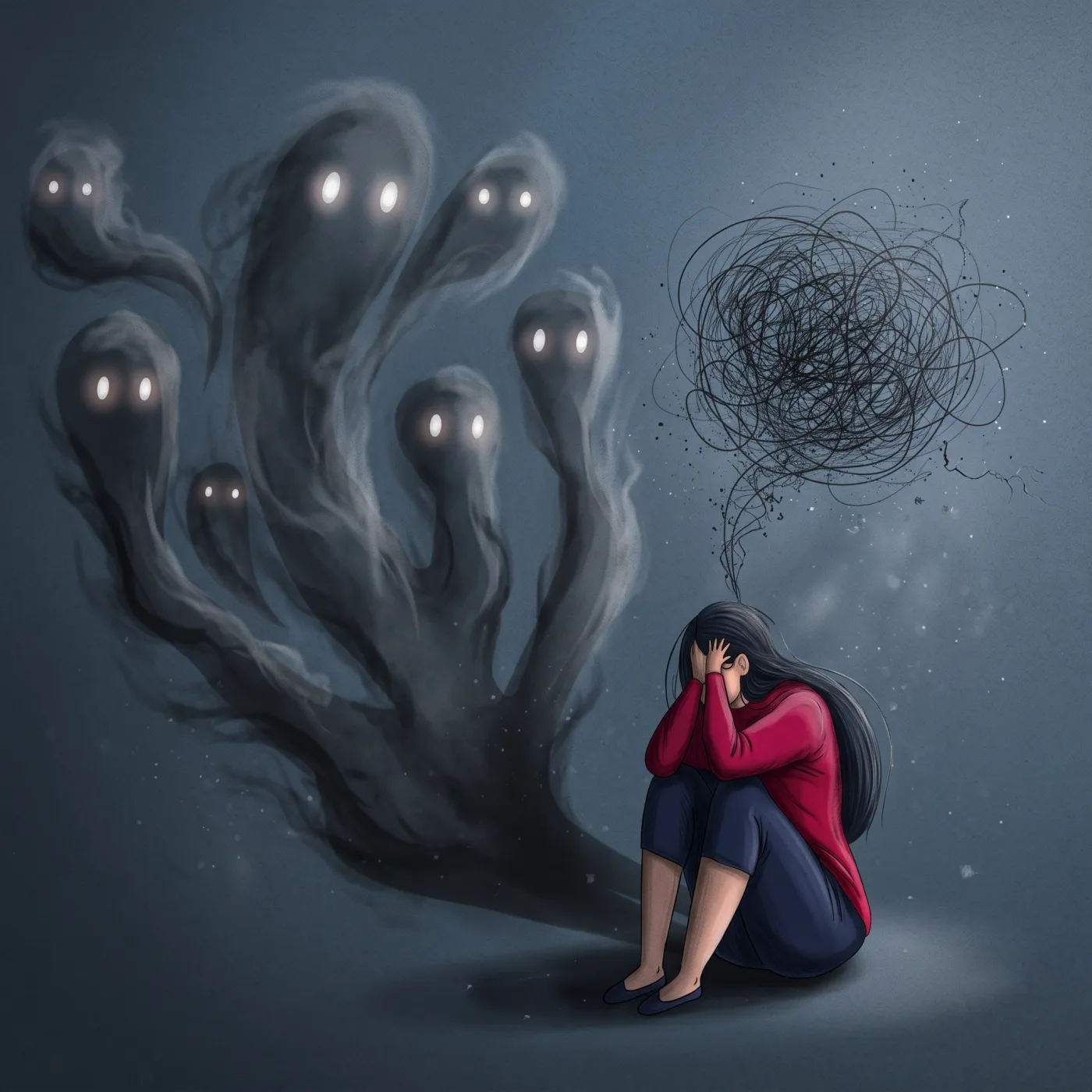 Ilustración: una mujer sentada en el suelo se tapa la cara mientras de ella brotan sombras con ojos