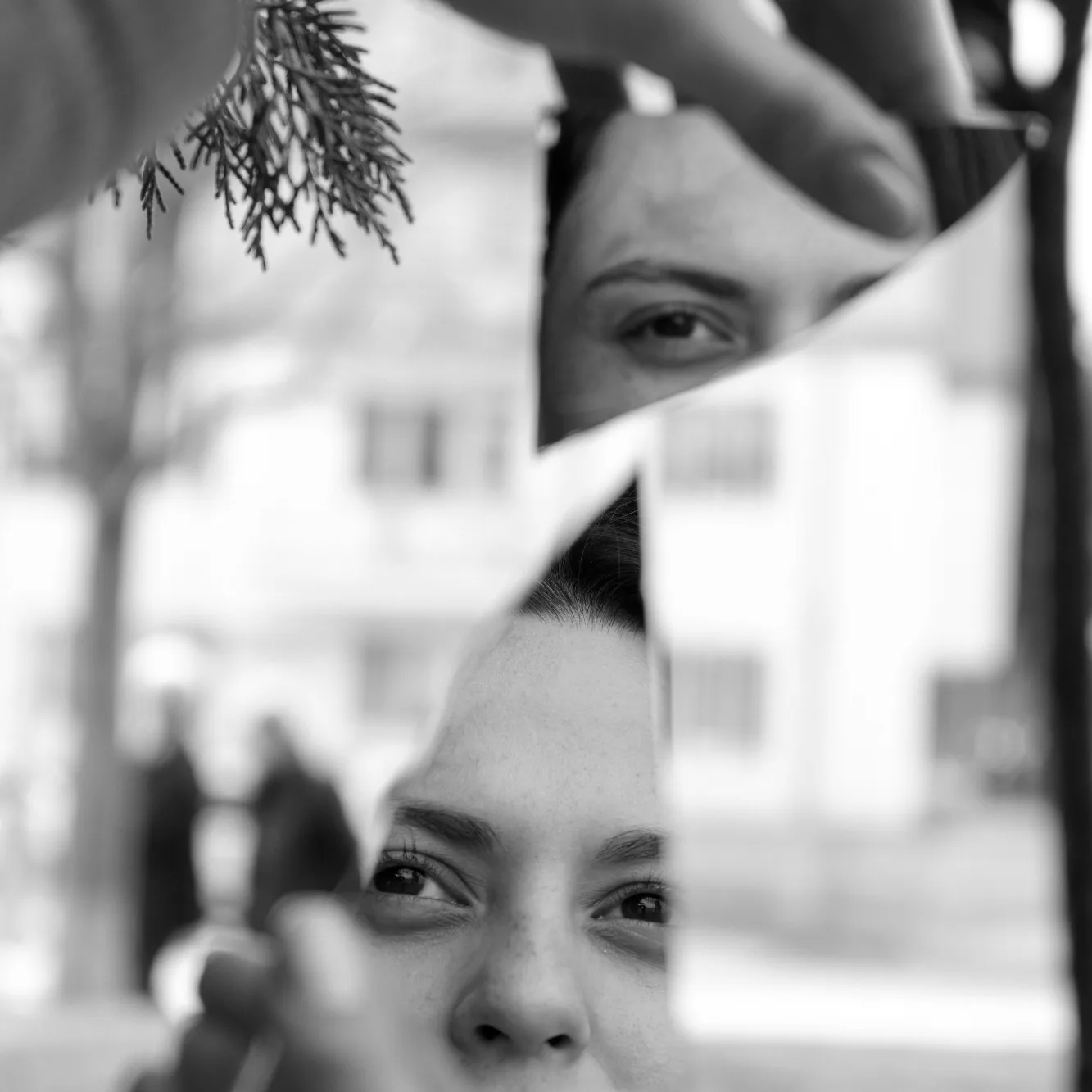 Fotografía en blanco y negro: el rostro de una persona se refleja partido en dos en los fragmentos de un espejo roto
